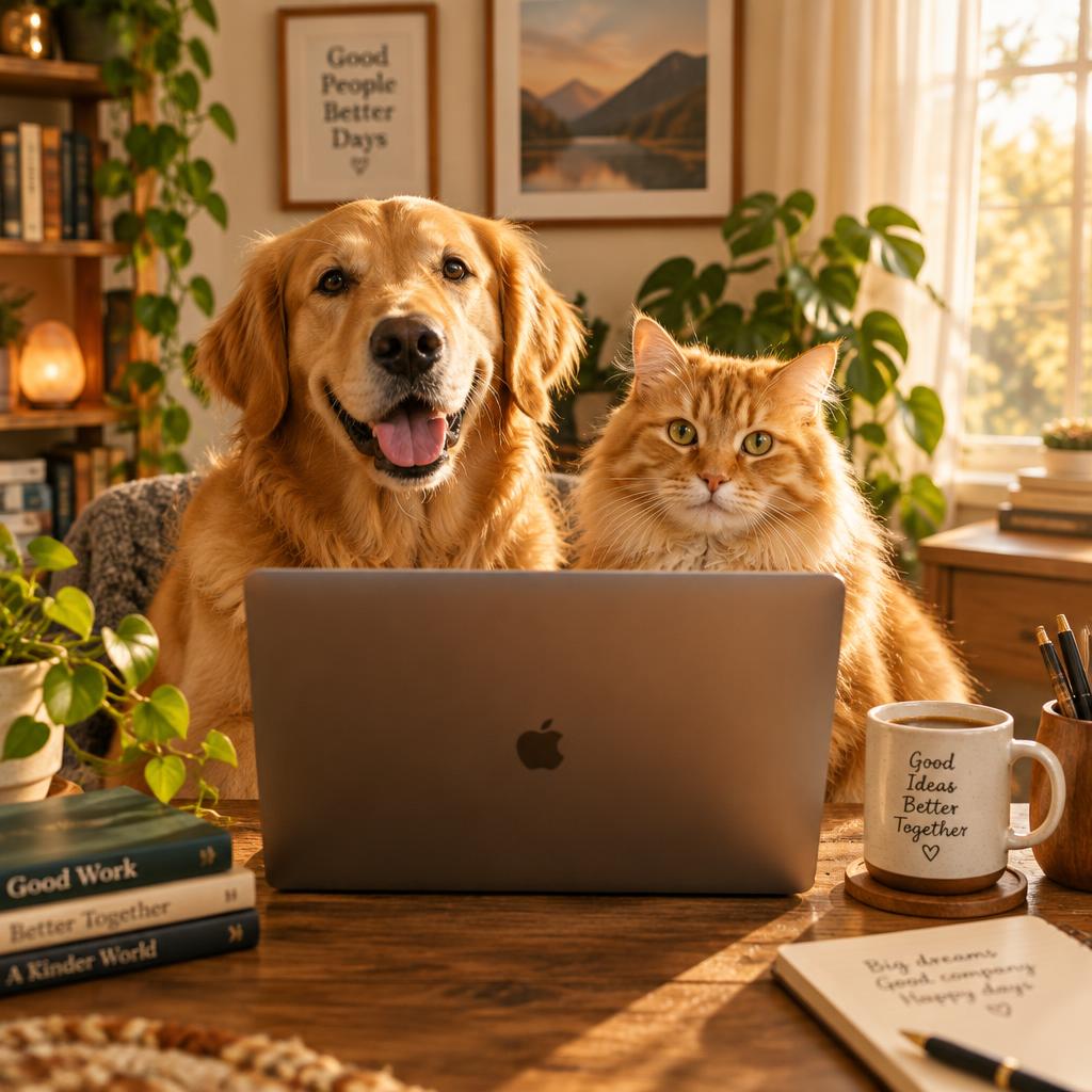 A dog and a cat working together behind a laptop
